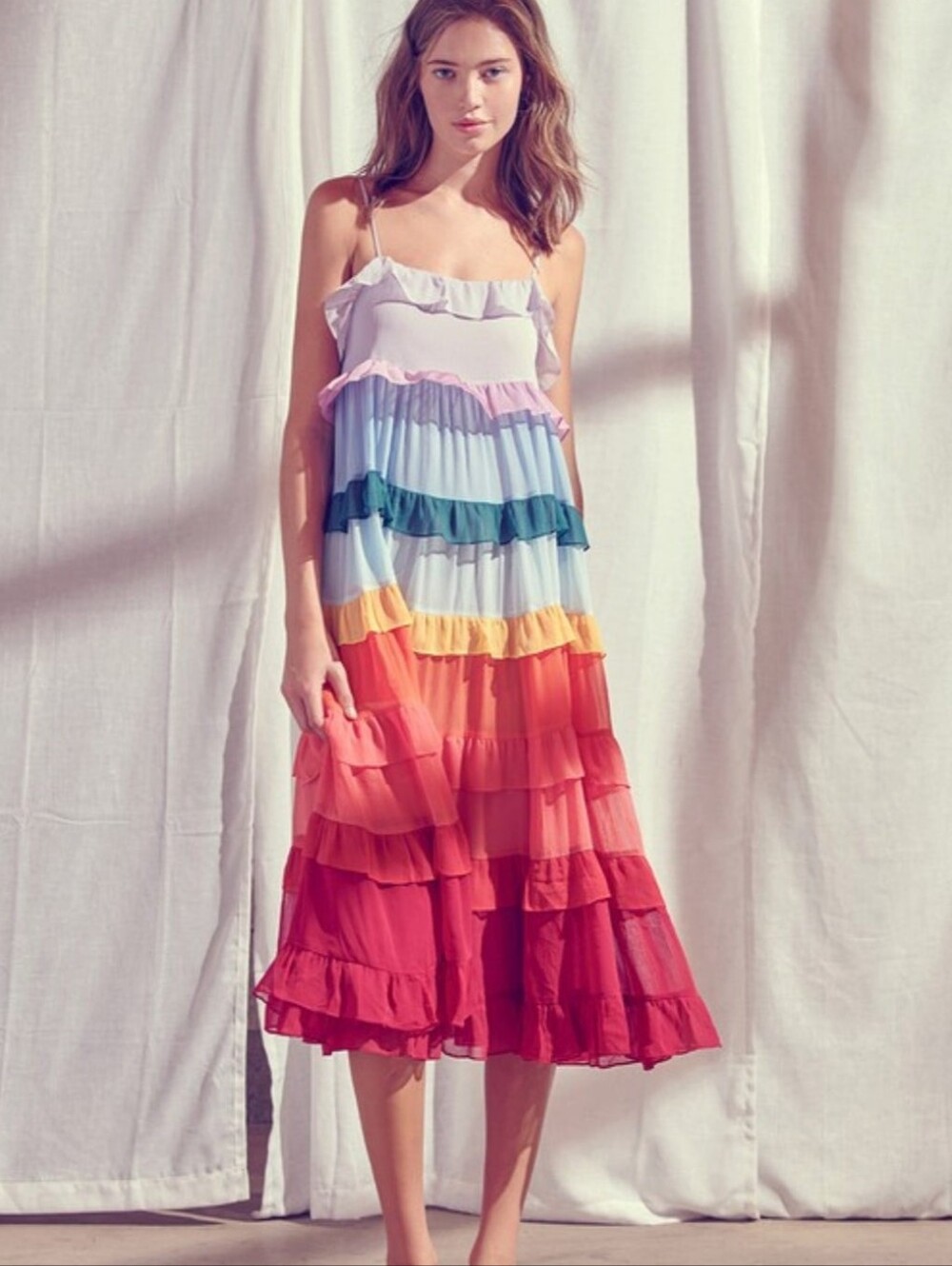 NEW STORIA Womens Casual Boho Rainbow Stripe Tiered Ruffle Midi Dress Size Small